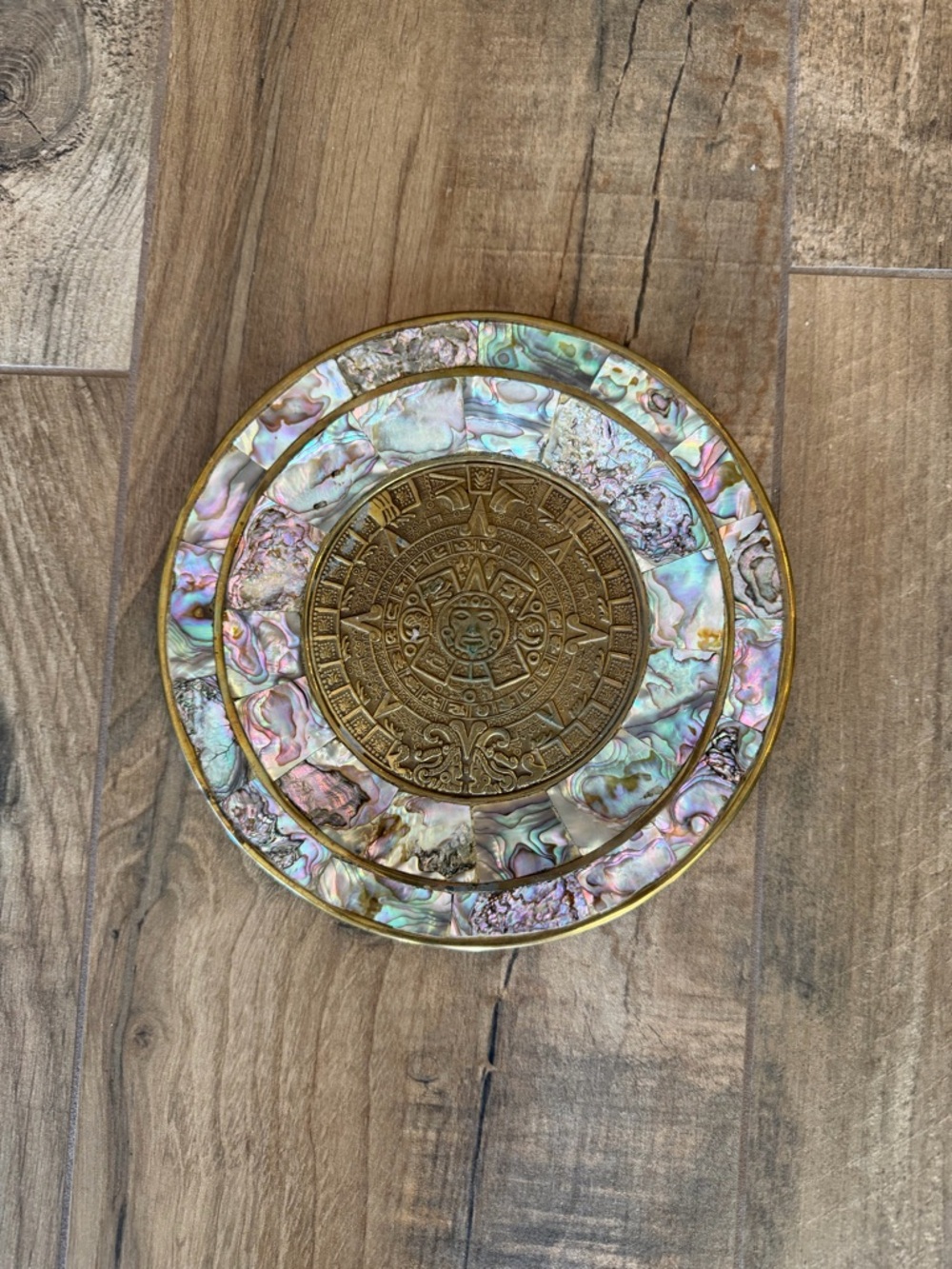 Brass Aztec/Mayan Sun God Calendar Wall Plate with Hand Cut Abalone Squares